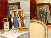 Ped a po: Na snímku vlevo zarámovaná fotografie prince Harryho s Meghan Markle...