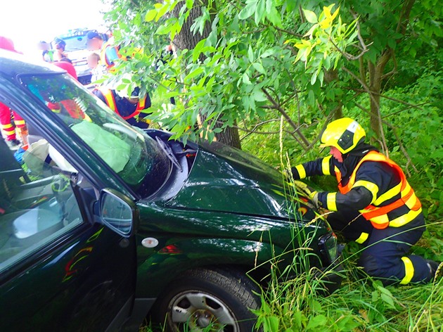 V havarovaném vozidle cestovaly dv dti a ti dosplé osoby. Pi píjezdu hasi byli vichni mimo rozbité auto.