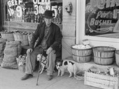 Mu se svými psy ped obchdkem v Illinois roku 1940.