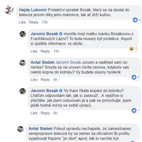 Jaromr Bosk, hvzda esk televize, pe lidem na Facebooku, e jsou idioti.