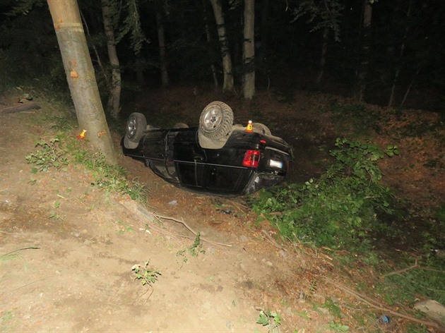Opilý idi  narazil na lesní cest do stromu, auto se po nárazu pevrátilo na stechu.