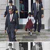 Ruby Bridges doprovázaná policisty do až doposud výhradně bělošské školy.