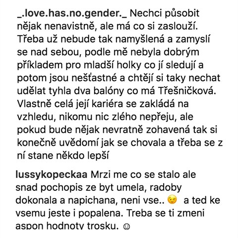 Nenvistn komente na Instagramu Tnu Tenikov.