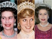 Lady Diana má po královn tiáru s perlovými slzami, královna má také v osobní...