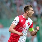 Kapitán Slavie Milan Škoda slaví gól proti Mladé Boleslavi.