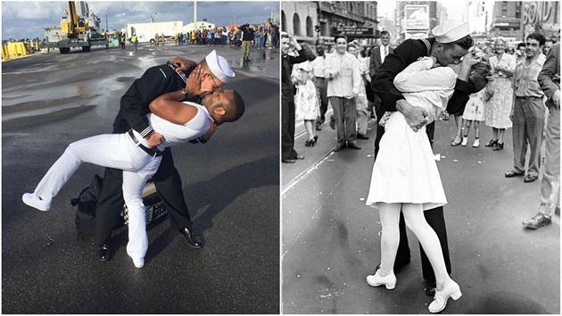 Homosexuálové se rozhodli napodobit slavnou fotku z roku 1945. Spoustu lidí tím...