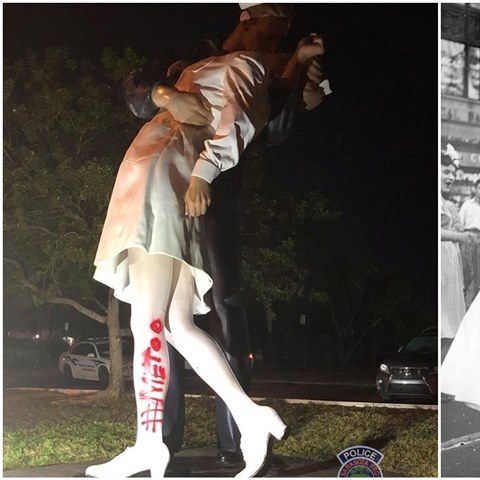 Vandalov� na sochu legend�rn�ho polibku nasprejovali n�zev kampan� Me Too. Pouh� den pot�, co n�mo�n�k George Mendonsa, kter� ciz� �enu pol�bil, zem�el.