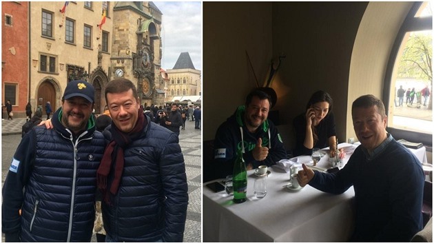 Tomio Okamura v Praze přivítal Mattea Salviniho a jeho přítelkyni.