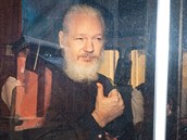 Julian Assange v oknech policejního antonu vypadá spí jako olejomalba od...