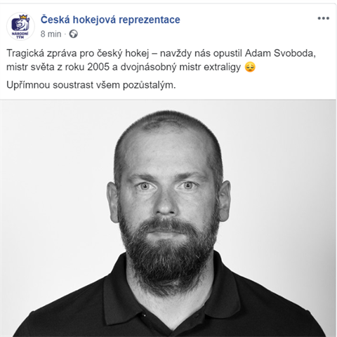 esk hokejov reprezentace reaguje na smrt hokejisty Adama Svobody.