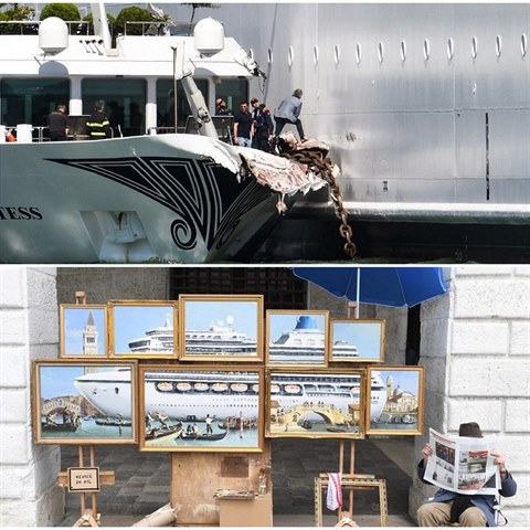 Obří výletní lodě blokují Benátky, nedávno na tento problém upozornil Banksy.