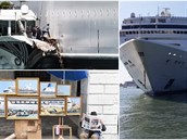 Obí výletní lod blokují Benátky, nedávno na tento problém upozornil Banksy.