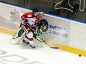 Frantiek Skladaný, hokejista Olomouce, atakuje brankáe Karlových Var.