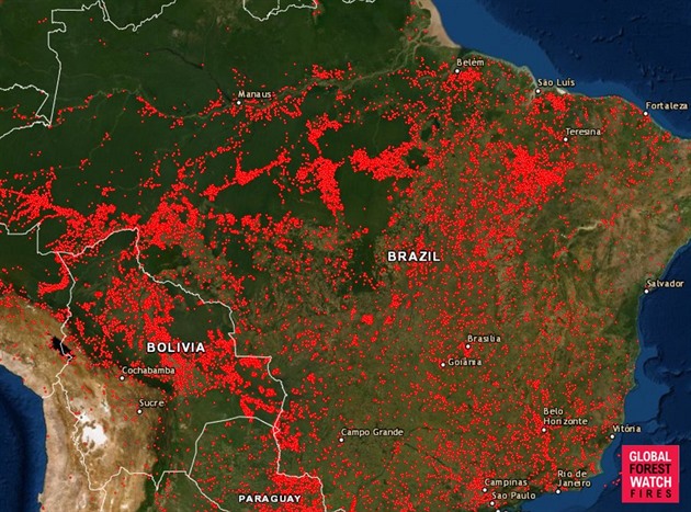 V Amazonii zuí etné poáry. Mapa poár vypadá opravdu dsiv.