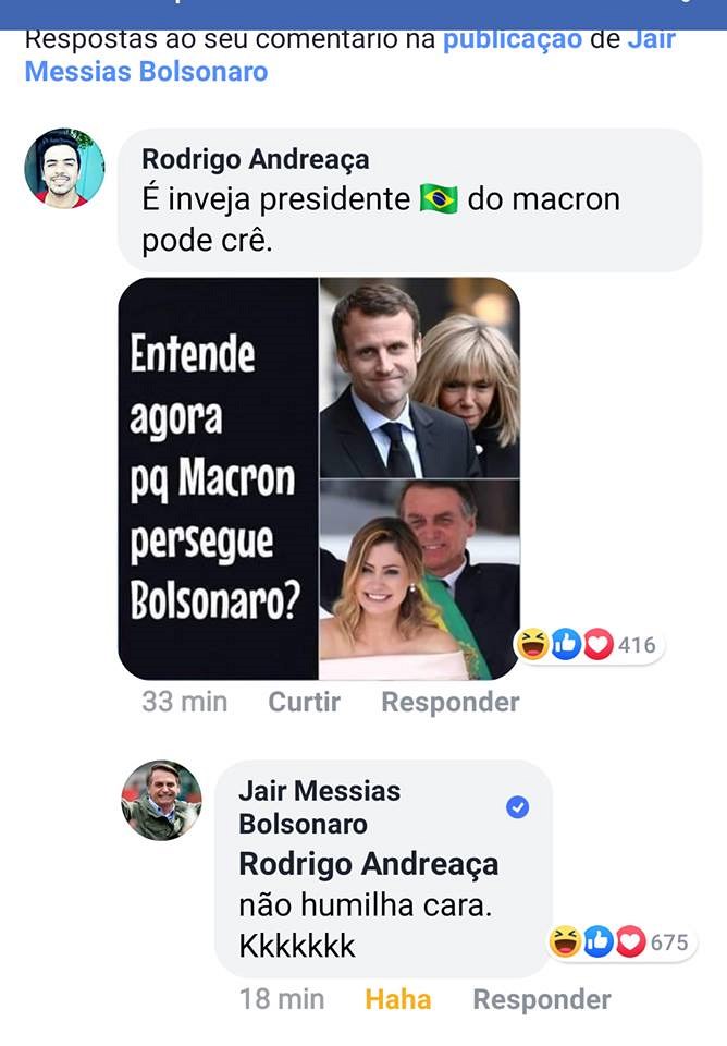 Brazilsk prezident Bolsonaro se trapn vysml Macronov manelce Brigitte.