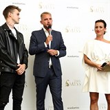 Libor Bouček s Mikolasem Josefem a Veronikou Farářovou na tiskové konferenci...