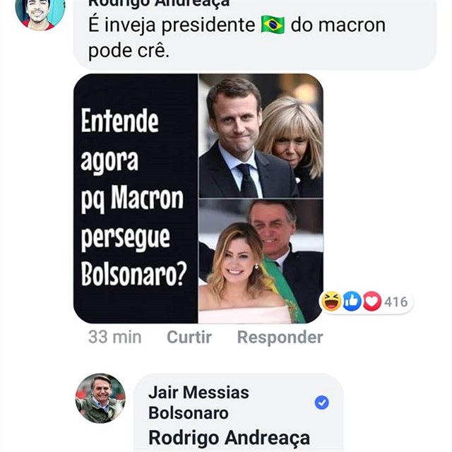 Brazilsk prezident Bolsonaro se trapn vysml Macronov manelce Brigitte.