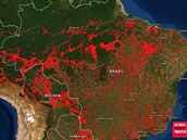 V Amazonii zuí etné poáry. Mapa poár vypadá opravdu dsiv.