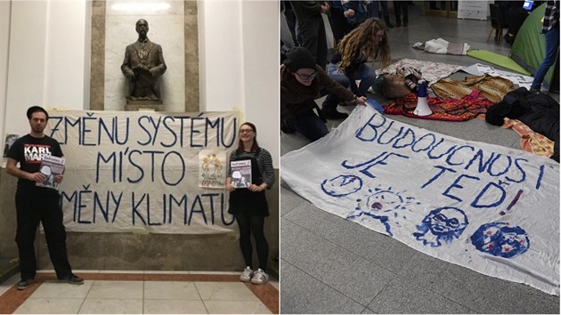 Studenti Filozofické fakulty UK stávkovali za klima. V budov byli i lenové organizace Marxistická alternativa.