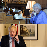 Královna Alžběta a premiér Boris Johnson při telefonické audienci.