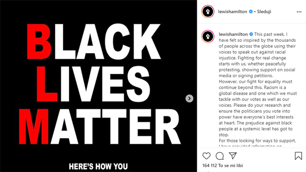 Lewis Hamilton je te bojovnkem proti rasismu.