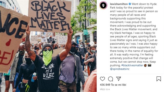 Lewis Hamilton jako demonstrant proti rasismu