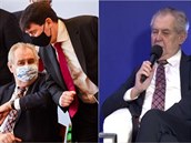Milo Zeman na summitu zemí V4 pi projevu sundal rouku.