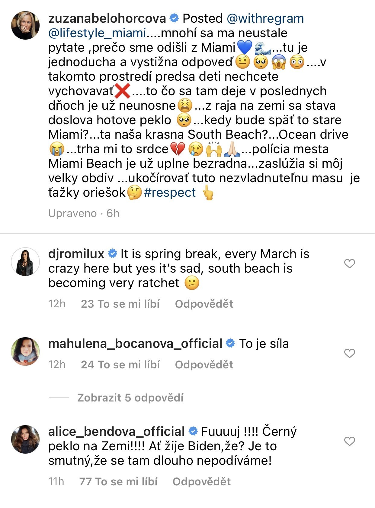 Zuzana Belohorcová se rozčilovala nad aktuální situaci v Miami a Alice Bendová...