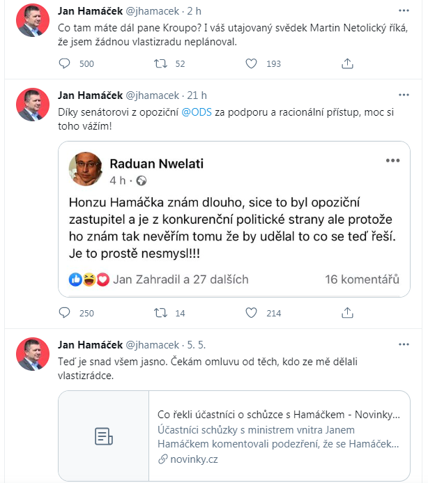 Jan Hámáček je teď na Twitteru hodně aktivní.