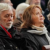 Josef Abrhám a Libuše Šafránková v březnu 2019 na pohřbu herce Stanislava...
