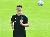 Patrik Schick bhem tréninku ped zápasem s Chorvatskem.