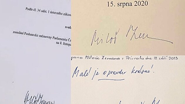Vlevo podpis na svoln nov Poslaneck snmovny, vpravo Zemanovy podpisy z minulch let