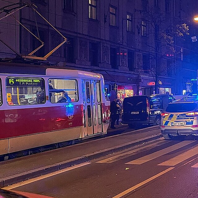 Pobl zastvky tramvaje v Jen ulici srazilo osobn auto chodce, kter i pes...