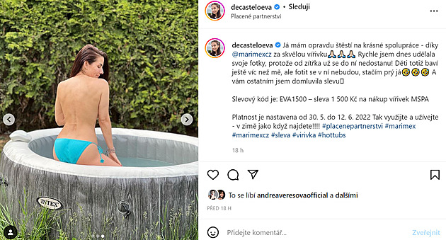 Eva Decastelo láká na nafukovací vířivku, fanoušci oceňují hlavně její krásu