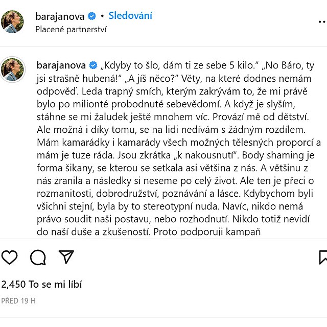 Bra Jnov promluvila o tom, e body shaming se tk i thlch.