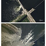 Barevný snímek nahoře ukazuje Kachovskou přehrady před zničením, spodní obrázek...