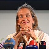 Barbora Strýcová na tiskové konferenci.