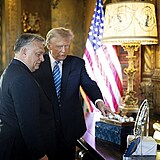 Republik�nsk� prezidentsk� kandid�t Donald Trump hovo�� s ma�arsk�m premi�rem Viktorem Orb�nem b�hem jejich setk�n� na Trumpov� s�dle Mar-a-Lago v Palm Beach na Florid�.