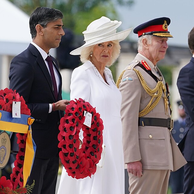 Rishi Sunak, krlovna Camilla, krl Karel III., Emmanuel Macron, Brigitte Macronov