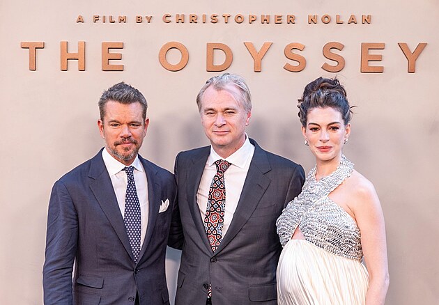 Christopher Nolan, Matt Damon a Anne Hathaway na premi��e filmu Odyssea