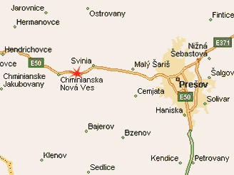 Mapa nehody autobusu u Preova