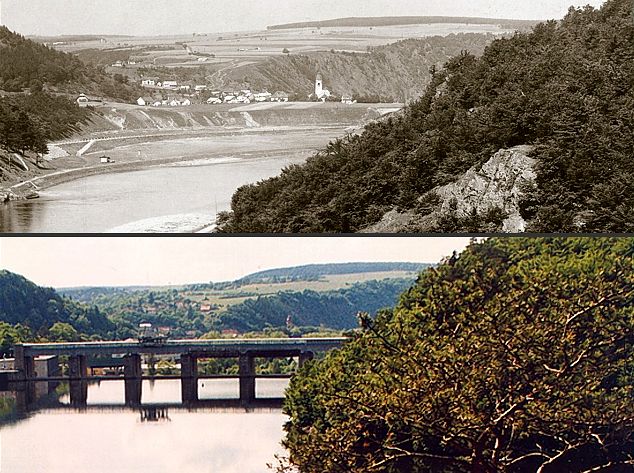 Nad Štěchovicemi, nahoře v roce 1938, dole v roce 2001