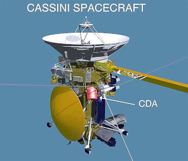 Cassini s umístním CDA (analyzátor kosmického prachu)