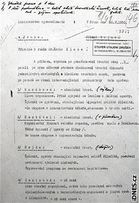 Nedávno objevený dokument o procesu s Miladou Horákovou.
