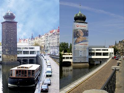 Renesan�ní �títkovská vodárenská v� v Praze u Mánesa je ji� druhý rok zahalena reklamou