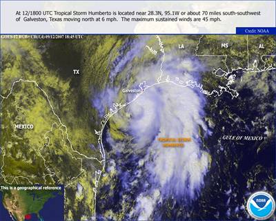 Satelitní snímek oblasti na jihovýchod USA, která je ohroena hurikánem Humberto.