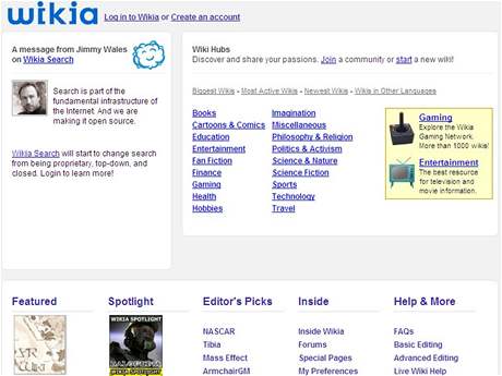 Wikia.com provozuje krom vyhledávae také stovky nejrznjích wiki-stránek