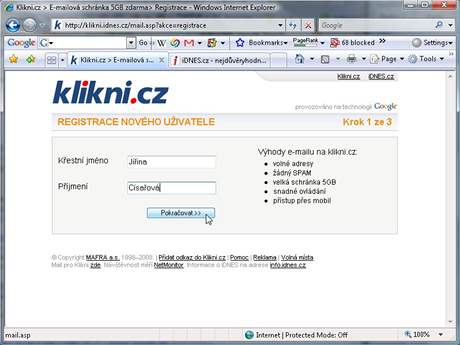 Registrace nového emailu na www.klikni.cz