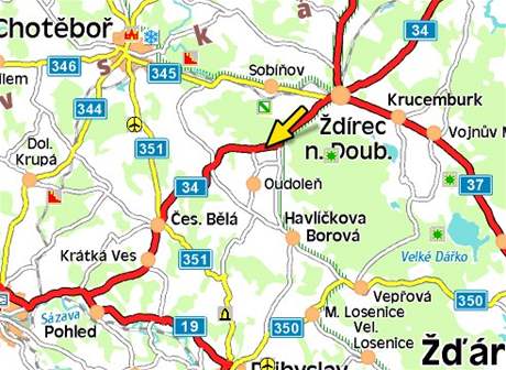 mapa - nehoda cisterny s asfaltem u drce nad Doubravou