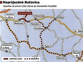 Mapa objížděk kvůli opravě silnice I/50 v Bučovicích